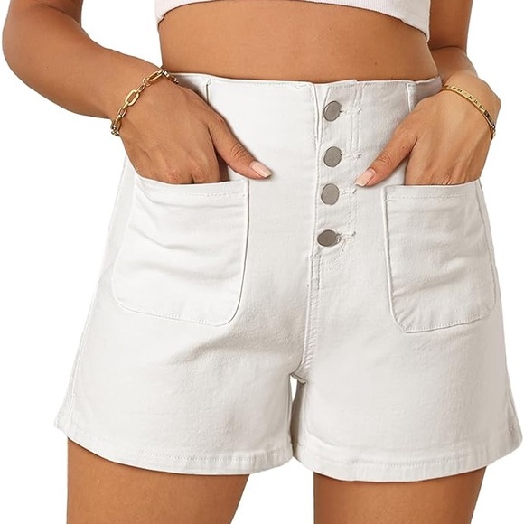 Sidefeel Women's White Jean Shorts Button Fly Stretchy High Waisted Size 6 - Picture 2 of 14